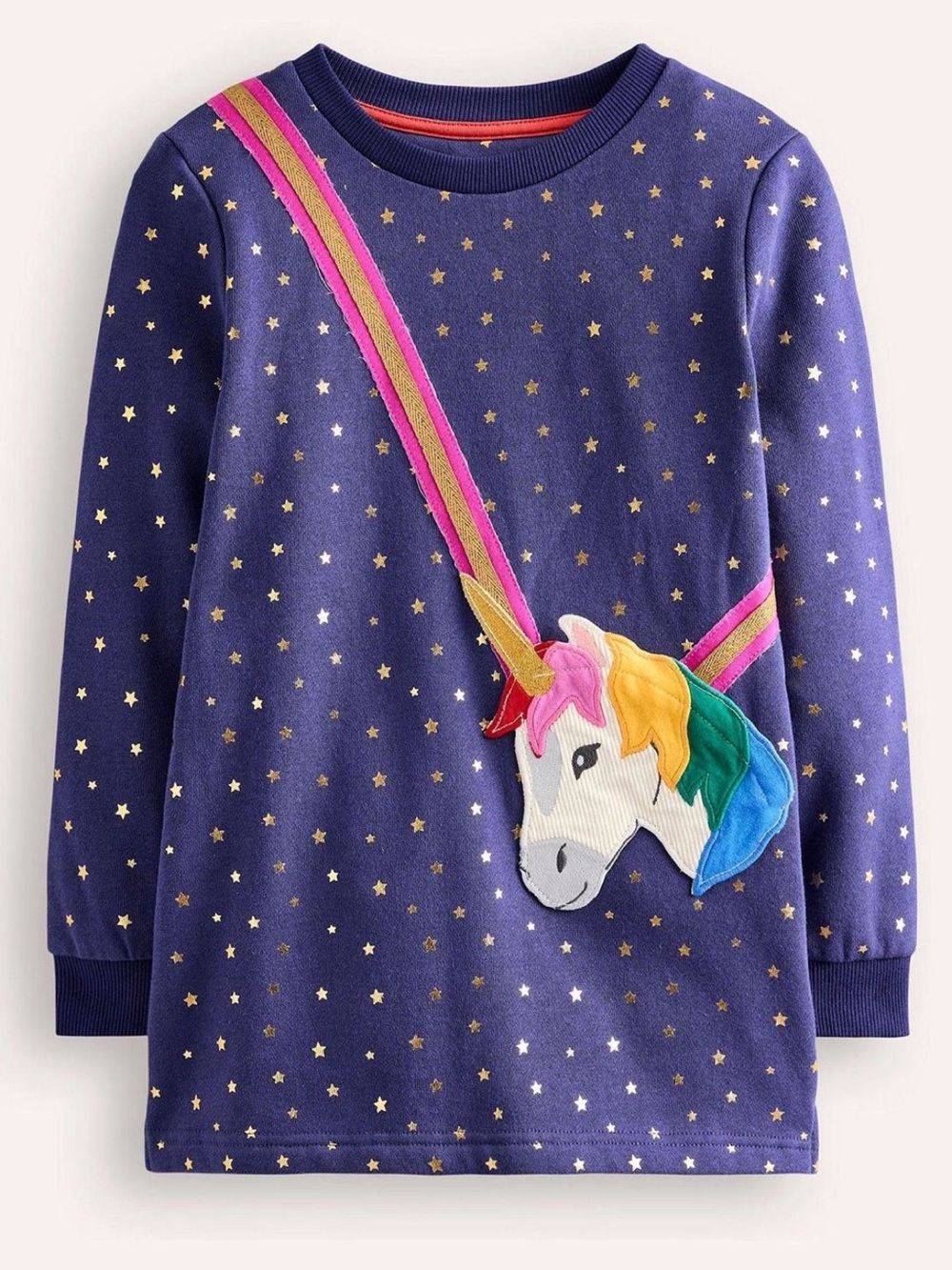 Mini Boden Navy Unicorn Appliqué Sweatshirt Tunic with Pink & Gold Trim